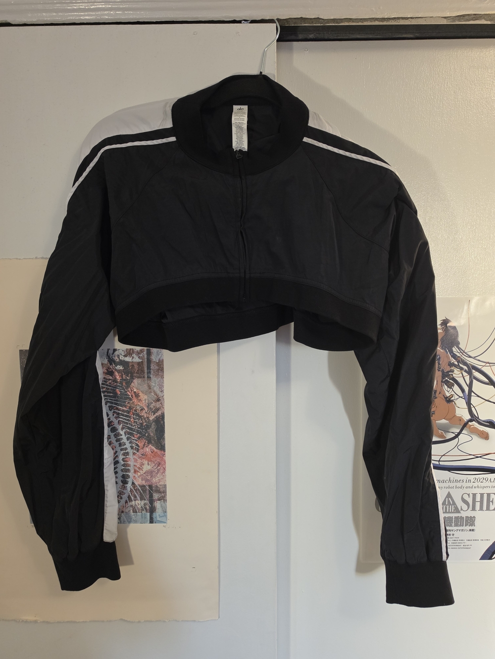 ALO Yoga Cropped Black Bomber Jacket with White Stripe